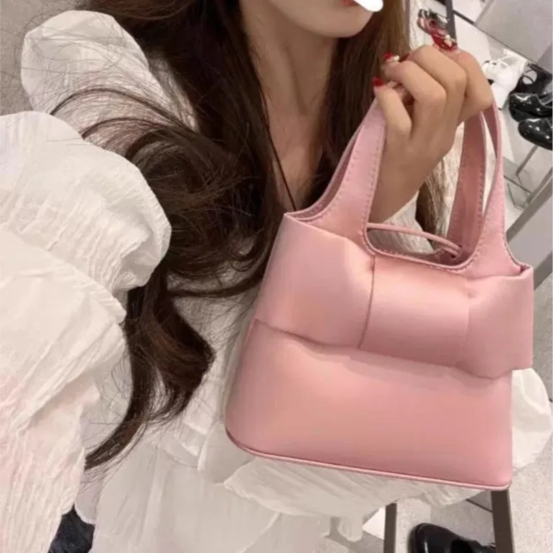 JIAERDI Sweet Cute Pink Hand Bag Wallet Women Fairycore Aesthetic Bow Satin Handbag Purse Girls Retro Shoulder Crossbody Bags