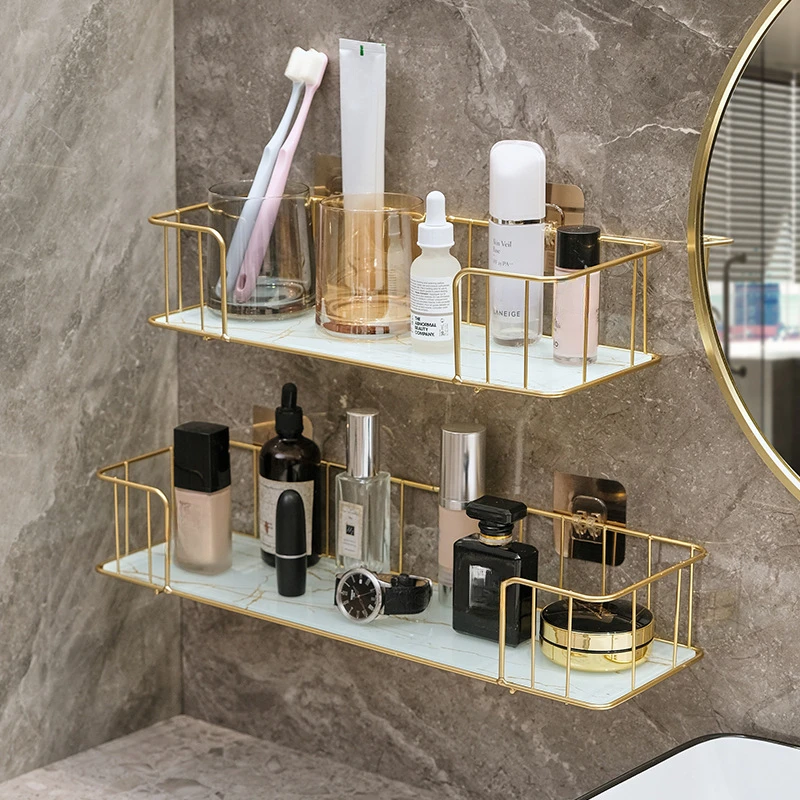 Luxury Bathroom Shelf without drilling Iron Wall Shelf with Marble style Glass Plate Makeup Storage Rack Bathroom Accessories 6
