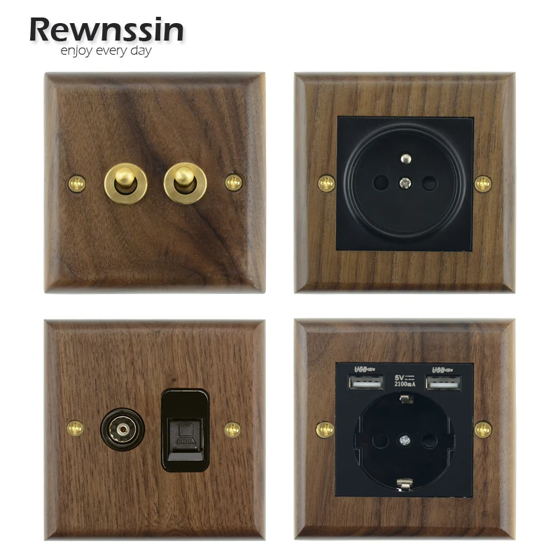 Prese Elettriche Da Parete Rewnssin, Swiches In Legno Naturale, Interruttore A Levetta In Metallo, Spine Fr E Eu Prese Tv E Computer Rj45, Telefono