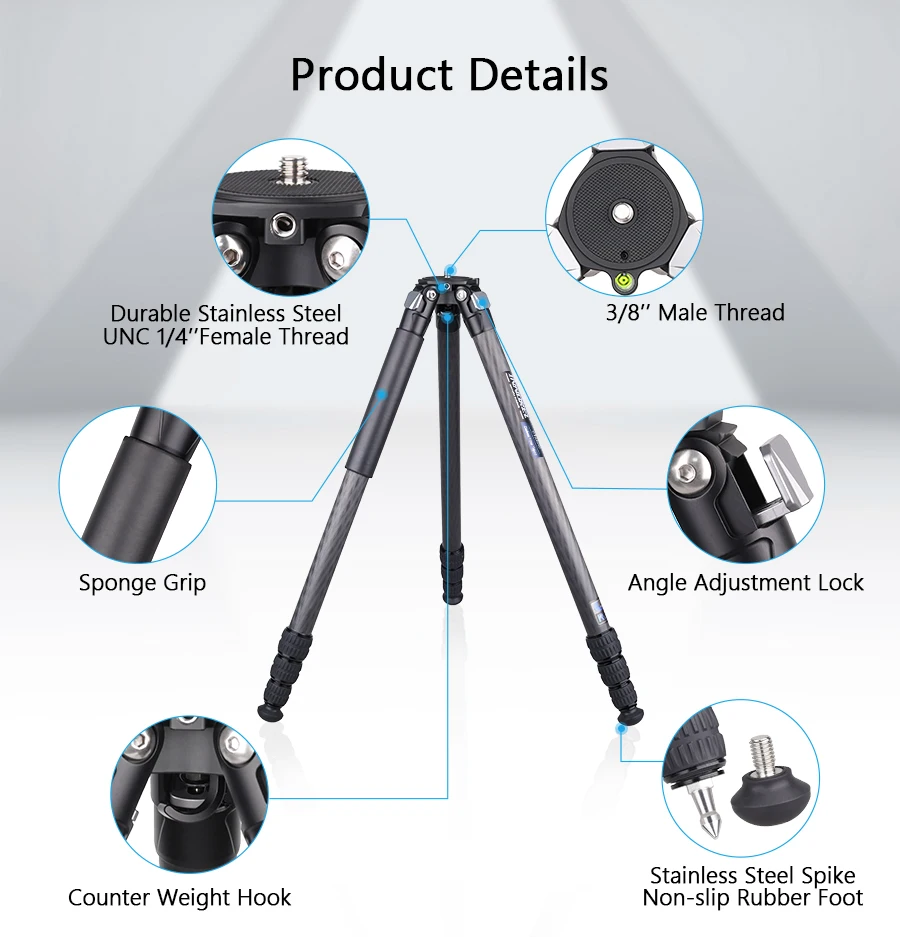 CT284C Professional Carbon Fiber Tripod Travel Camera Stand with Stone Bag for D