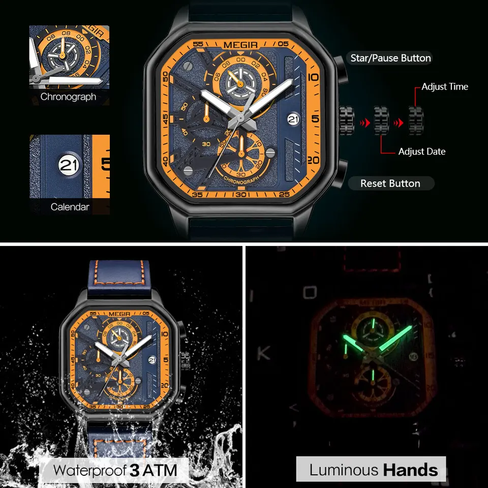 MEGIR quadrante quadrato cronografo orologi al quarzo per uomo moda cinturino in pelle blu orologio da polso sportivo Casual con data 24 ore 2182