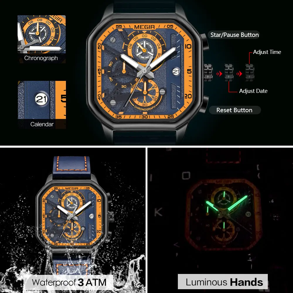 Megir-relógio de Quartzo Militar Masculino com Mostrador Quadrado Cronógrafo Analógico Relógio de Pulso Esportivo Pulseira Azul e Laranja Moda 8106 - Image 3