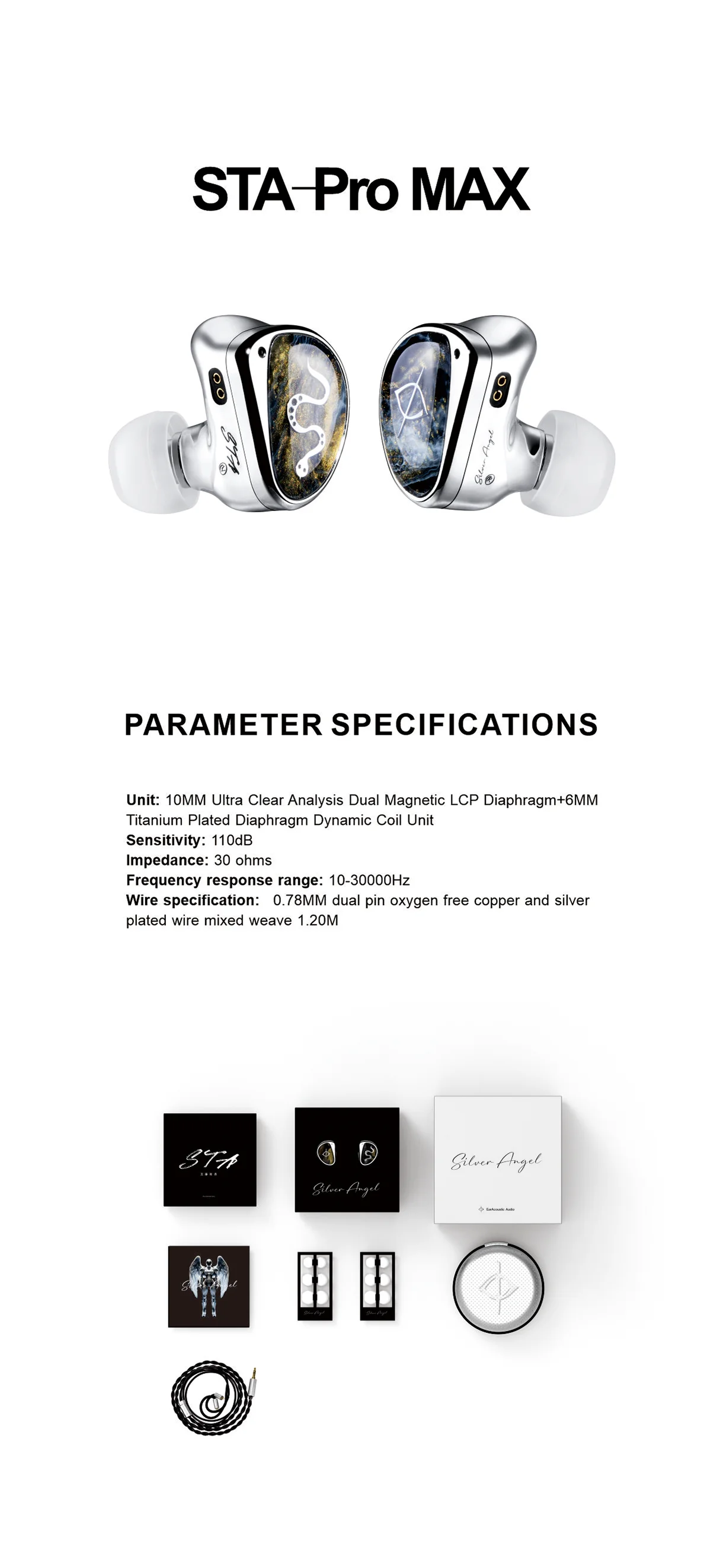 TFZ EarAcoustic Audio Silver Angel STA-Pro 10MM +6MM Polymer Diaphragm HiFi Music Monitor DJ Studio Audiophiles In-Ear Earphones