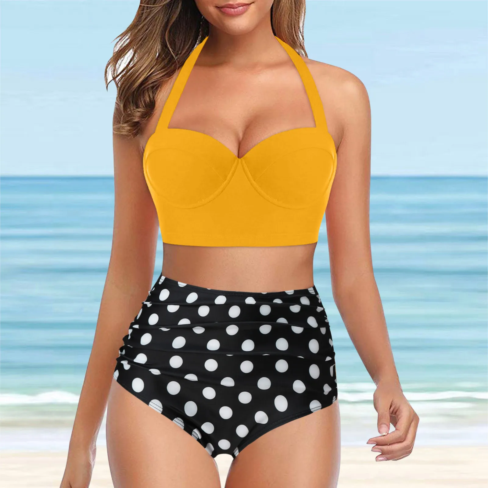 

Summer Vintage Fashion Polka Dot Printed Swimsuit Swimwear Ladies Sexy Push Up Bra Bikini Swimsuit Two Piece Set Beachwear