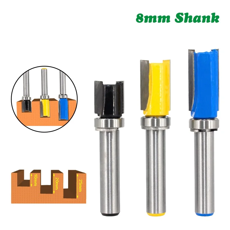 

3pcs 8mm Shank Flush Trim Router Bit Pattern Bit Top Bottom Bearing 1/2" Blade Template Wood Milling Cutter Carpenter