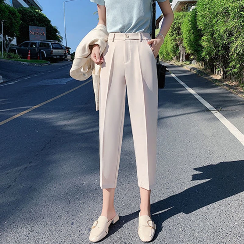 Xpqbb Women Summer Black Suit Pants 2022 Fashion Back Elastic Waist Pencil Pants Woman Solid