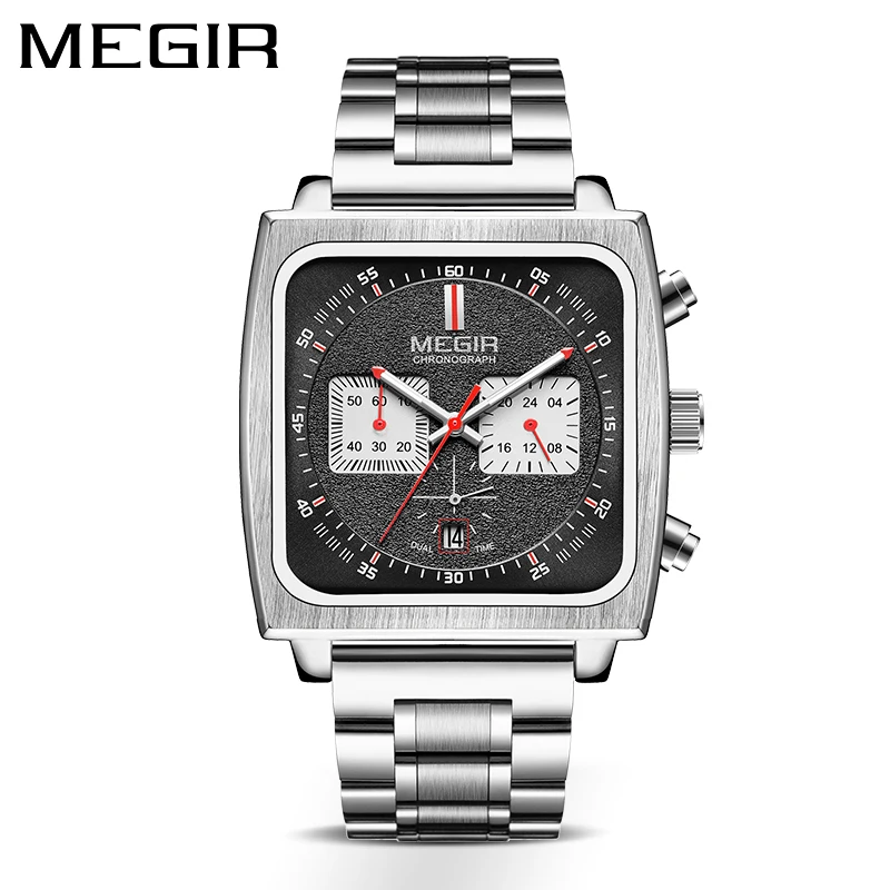 MEGIR New Fashion Square Quartz Mens Watches Top Brand Luxury Stainless Steel Waterproof Chronograph Watch Men Relogio Masculino