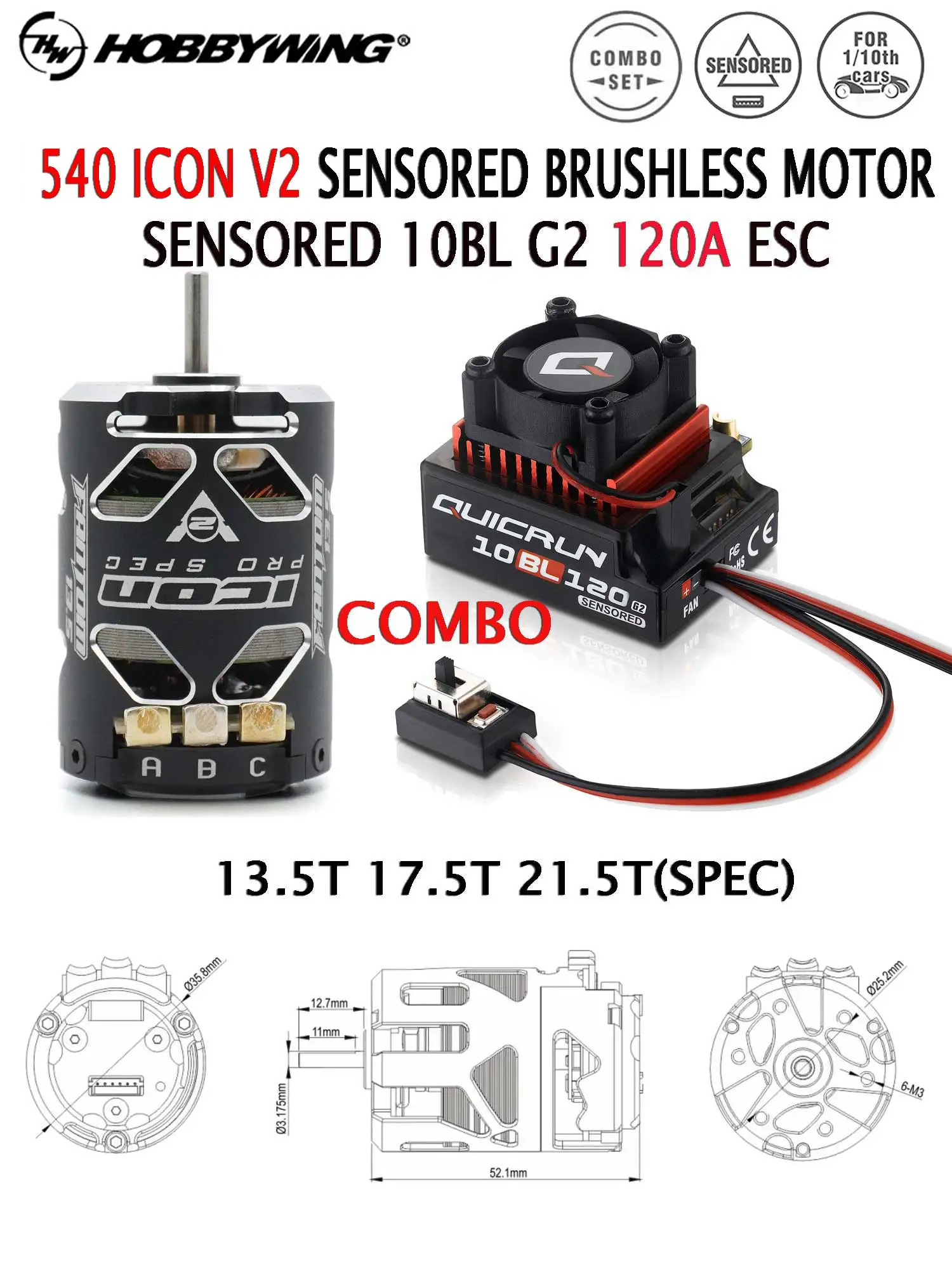 Hobbywing 10BL G2 120A ESC mit 540 ICON V2 SPEC 10.5T 13.5T 17.5T 21.5T Motor 2-3S Sensorgesteuertes Brushless-Combo für 1/10 Drift RC-Auto – Detail 1