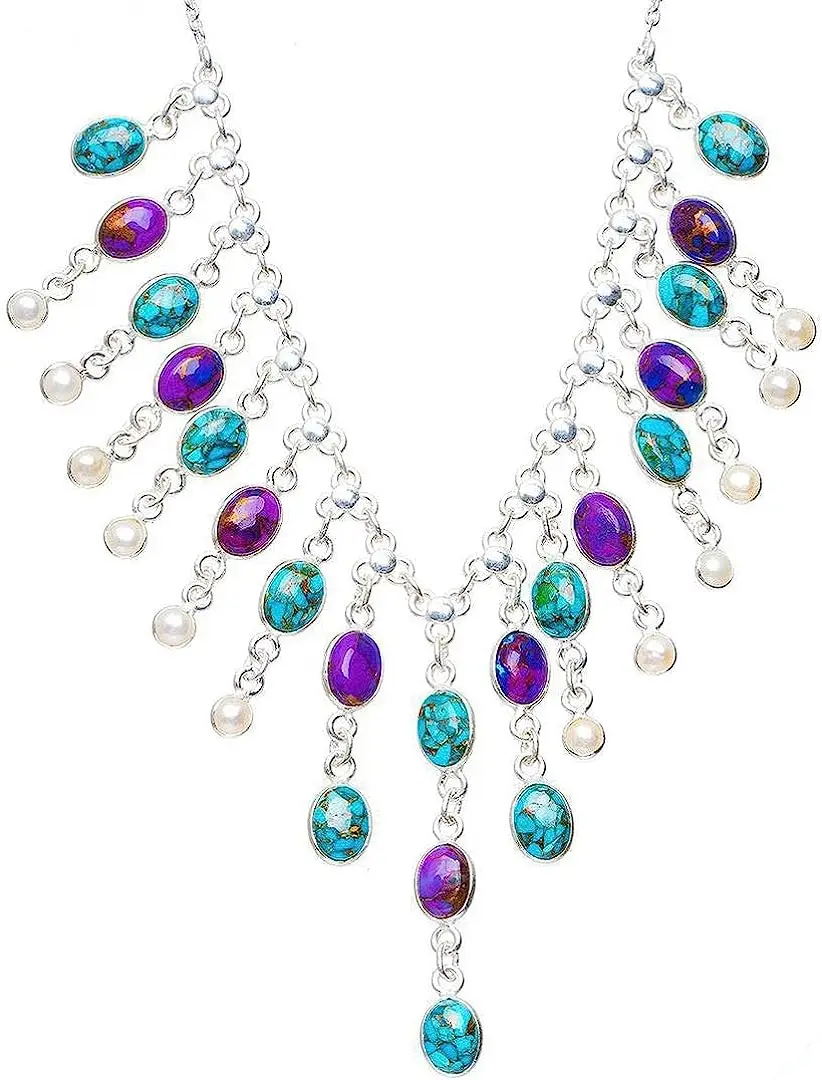 

Natural Copper Turquoise and River Pearl Handmade Unique 925 Sterling Silver Necklace 16+1.75" Y5550