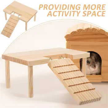 Hamster Platform with Ladder Wooden Guinea Pig Ramp Chinchilla Toy Rabbit Ramp Hamster Hiding Place Habitat Cabin Pet Supplies