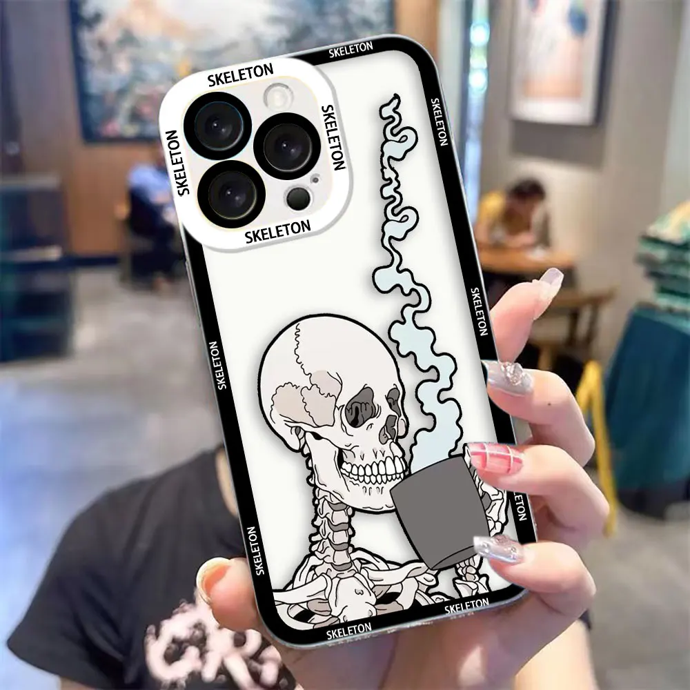 Transparent Phone Case with Terrified Skull-Headed Cat Design