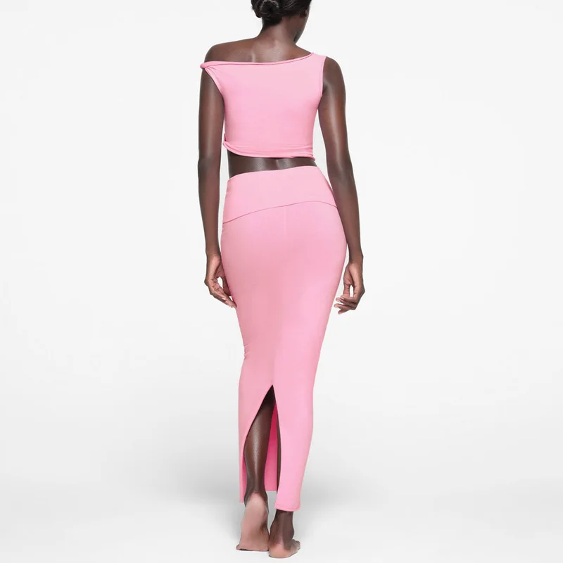 Off-shoulder Vest 2-piece Skirt Suit Women's Summer Solid Color Slim Sleeveless Slit Long Skirt Suit Women's 2-piece Suit