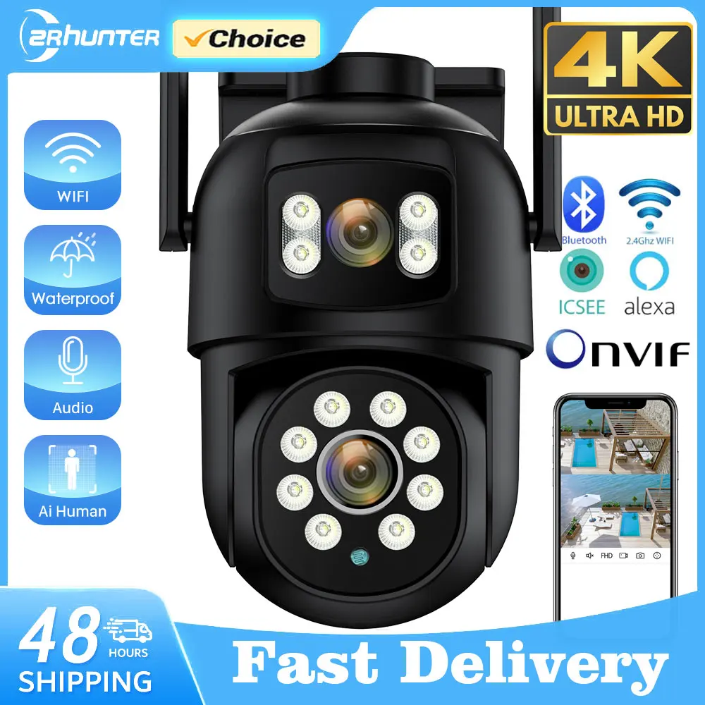 

4K 8MP HD Wifi PTZ Camera Dual Lens Dual Screen Outdoor IP Camera Ai Human Detection Auto Tracking CCTV Surveillance P2P iCSee