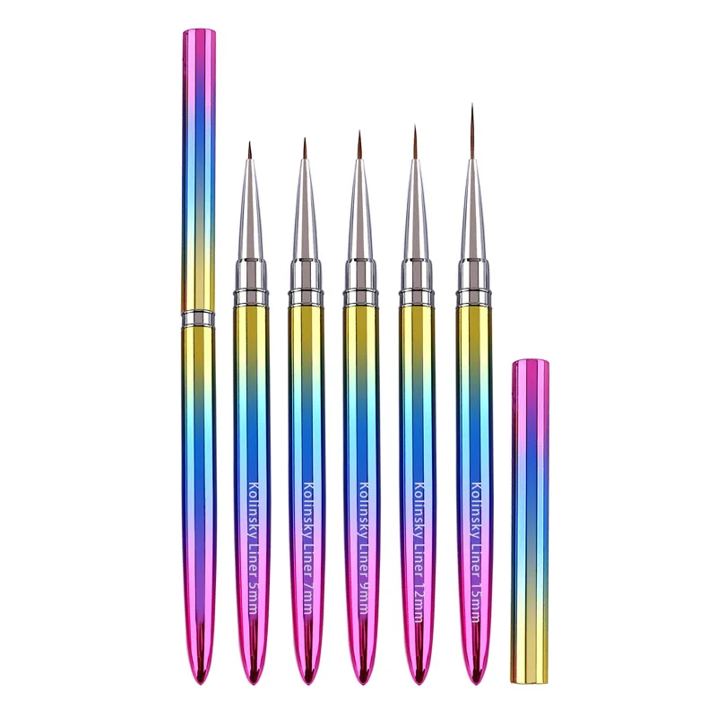 Nail Art Brush Rainbow Metal Long 100% Pure Natural Hair Professional Kolinsky Nails Art Liner Brush Nail Art Pen for Nail Desig 5