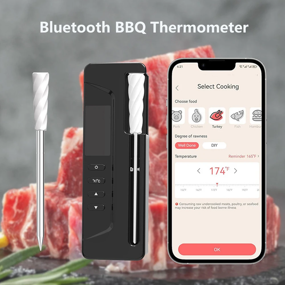 

Беспроводной термометр для барбекю, цифровой градусник с щупом для приготовления мяса, Bluetooth, водонепроницаемость IP67, для кухни, выпечки, барбекю