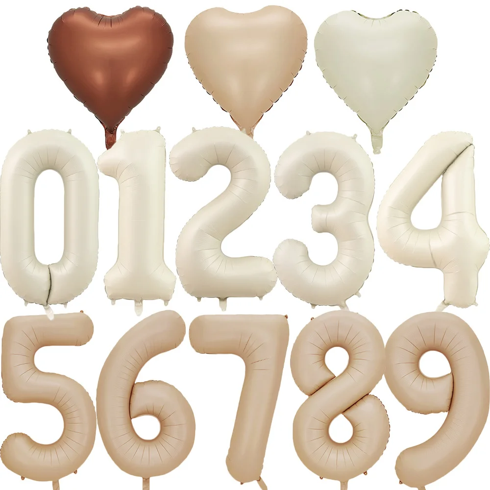 Bear Balloon with Vintage Cream/Caramel1-9 Digital Balloon Set for Adult Kids Happy Birthday Party Decoration DIY Party Supplies
