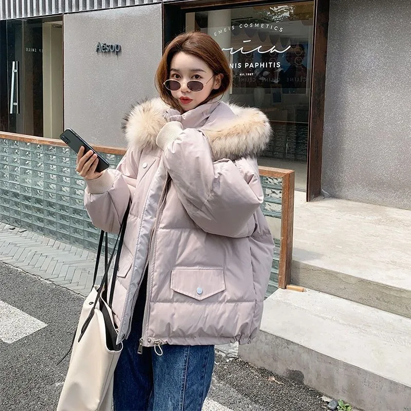 2023 New Women Down Cotton Coat Winter Jacket Female Short Parkas Loose Thick Warm Outwear Hooded Fur Collar Versatile Overcoat