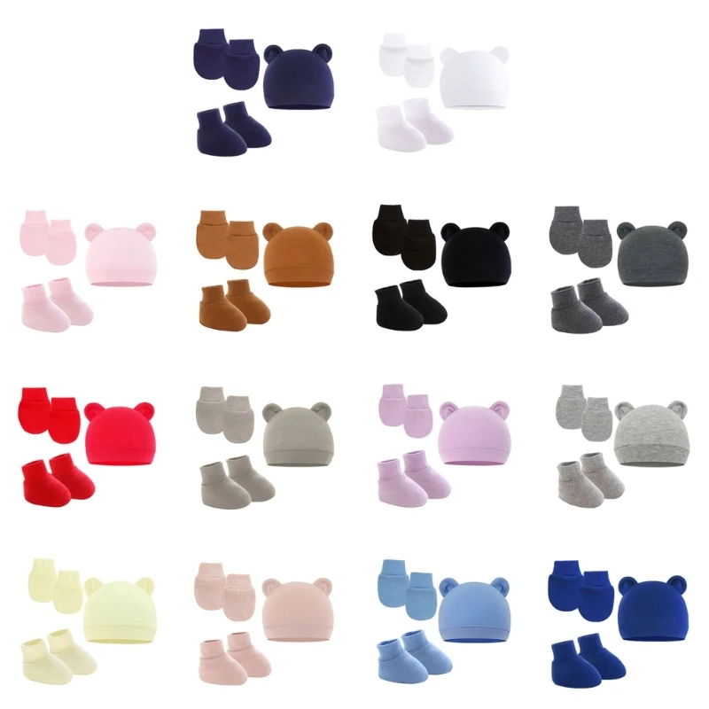 

Baby Infants Anti Scratching Knitted Cotton Gloves+Hat+Foot Cover Set Newborn