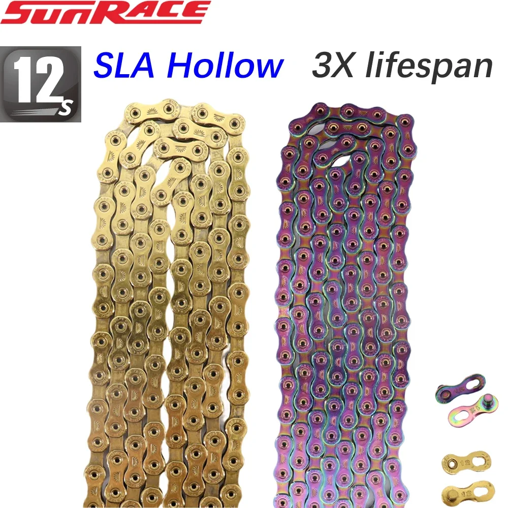 Sunrace-Bike-Chain-12-speed-SLA-roller-hollow-gold-oil-slick-Titanium ...