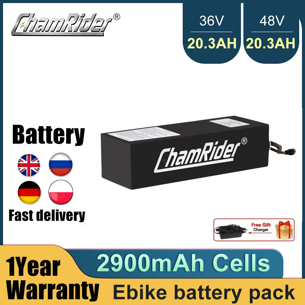 

ChamRider 48V 36V 20AH Ebike Battery 30A BMS 350W 500W 750W 18650 Cell Lithium Pack For Bike Bicycle Electric Scooter