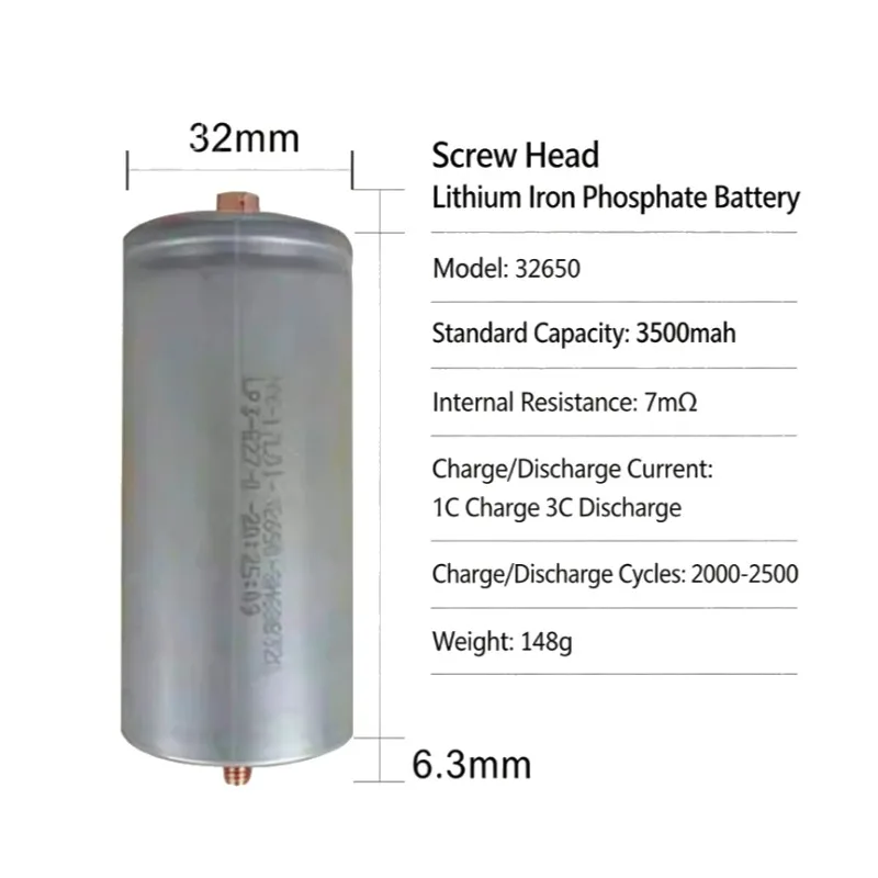 32650 Pointed Head LiFePO4 Battery 3500mAh High Capacity Positive pole screw/Pos