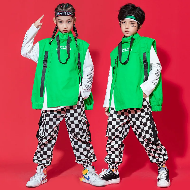 Kids Hip Hop Clothing Streetwear Checkered Tactical Cargo Jogger Pants for Girls Boys Dance Costume Clothes