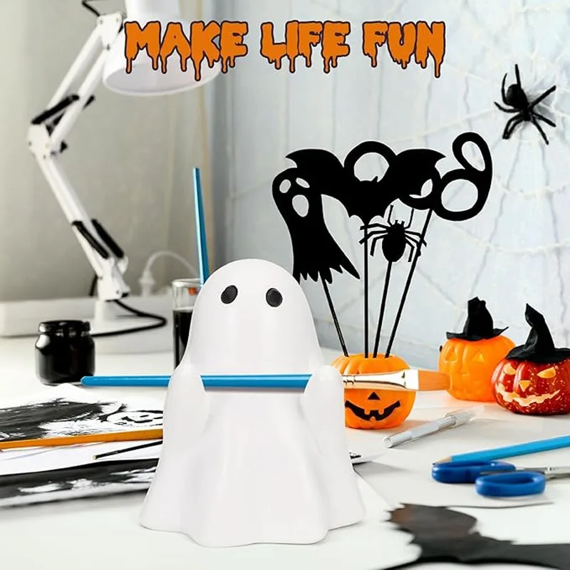 Halloween Ghost Pen Holder Cute Little Ghost Statue Design Pencil Support For Home Office Desktop Decoration