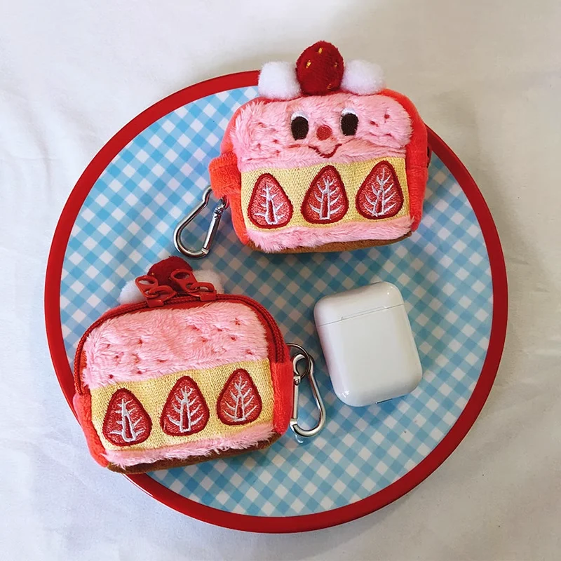 Strawberry Cake Earphone Case Pouch Plush Coin Purse Zipper Storage Bag Keychain Pendant