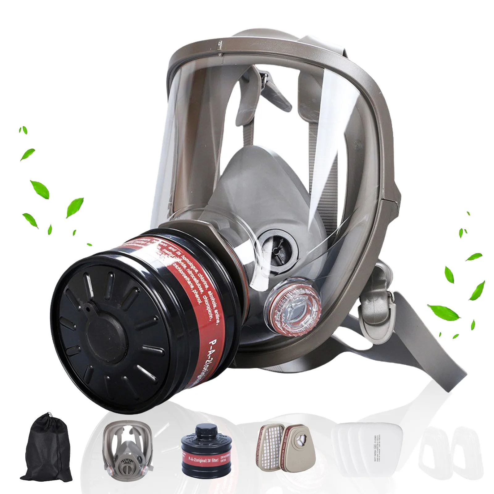 Vue de face du masque FFP2 FFP3 YAKSHA Full Face avec ses filtres latéraux, idéal pour une protection respiratoire complète.