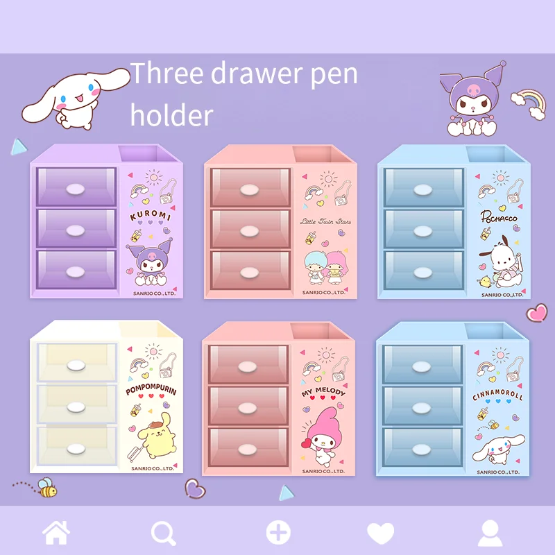 Sanrio Kuromi Cartoon Desktop Three Layer Drawer Storage Box Organizing Stationery Large Capacity Melody Storage Box Pen Holder