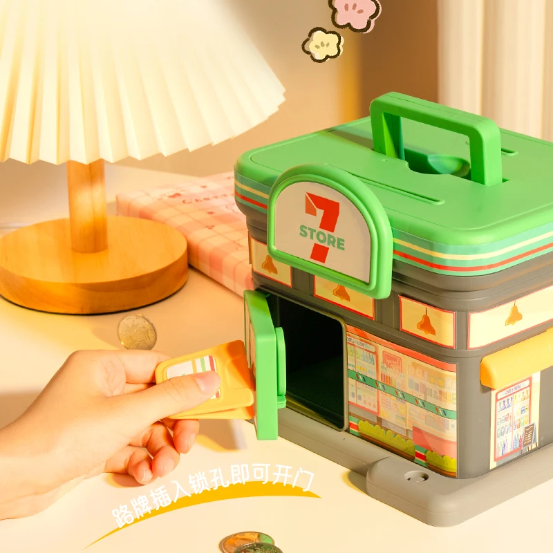 Coffee house piggy bank, convenience store, gas station optional, key to open the door, large capacity to save money, boys and g