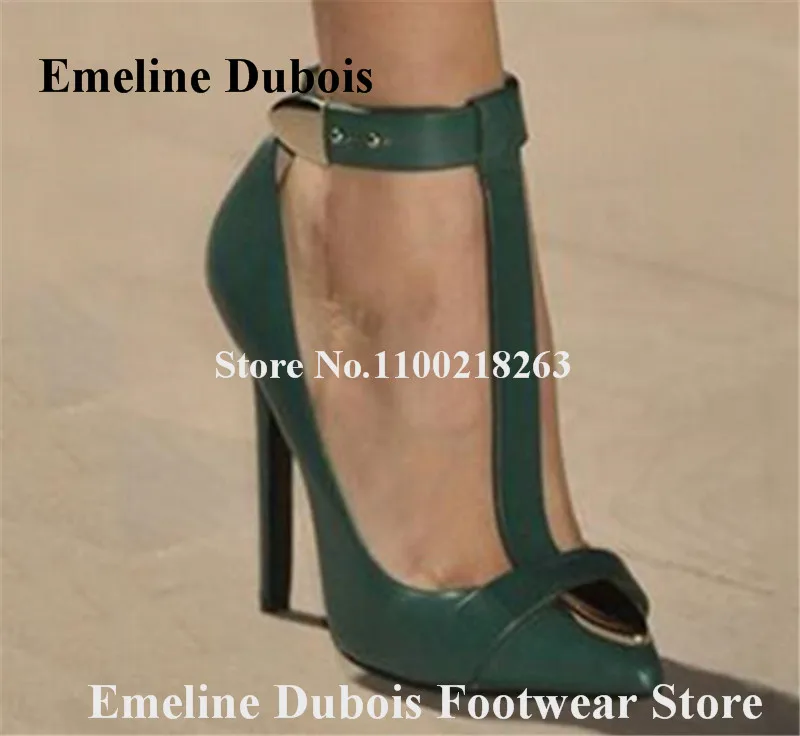 

T-strap Stiletto Heel Pumps Emeline Dubois Pointed Toe Metal Buckles Decorated Green Brown Matte Leather Party Shoes Big Size 46