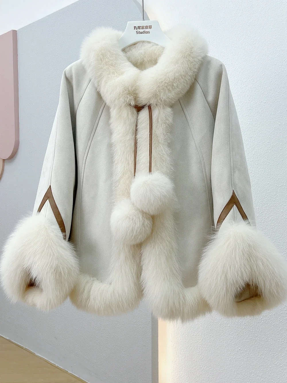 Fuzz Cape Coat Winter Down Inner Fox Fur Fluffy Jacket Knitted Thick Warm Loose Long Sleeve Retro Color Contrast Women's Clothes