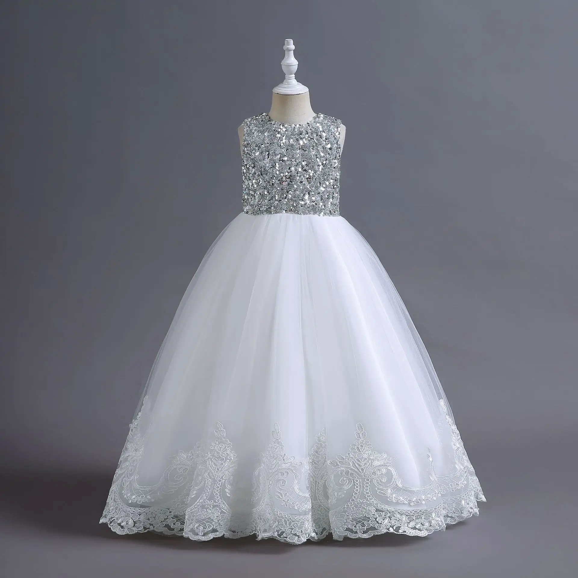 

Silver Sequins White Lace Hem Wedding Child Girl Dress Tutu Elegant Ceremony Long Kids Bridesmaid Dresses For Girls Kids 3 8 10Y