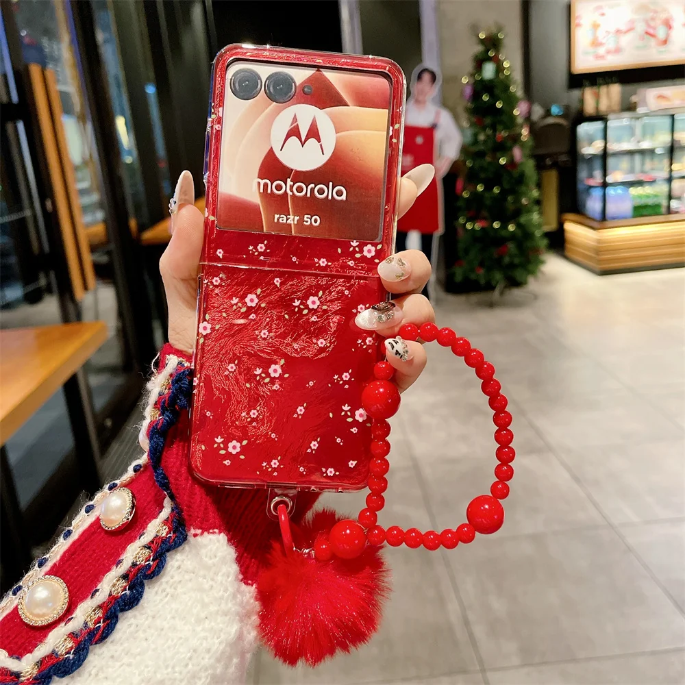 Red Flower Shockproof Protective Phone Case with Bracelet and Hairball Attachment