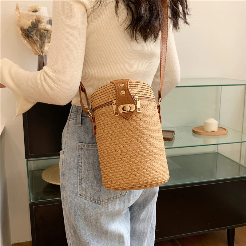 

Women's Summer Bag Barrel-shaped Crossbody Bags Knitting Shoulder Bags Beach Bag 2023 Female Purses Handbags Summer Beach Sac