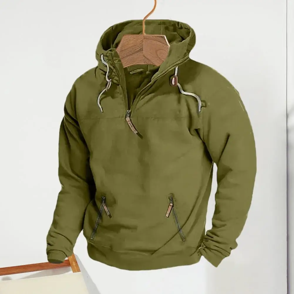 

Men Autumn Winter Solid Color Sweatshirt Hooded Drawstring Zipper Neckline Long Sleeve Hoodie Pockets Workout Pullover Tops