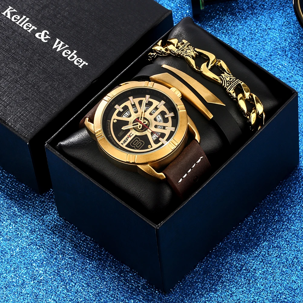 Steampunk Men's Watch Gift Set Luxury Quartz Leather Wristwatch Bracelets for Man Exquisite Gifts with Box relógio masculino