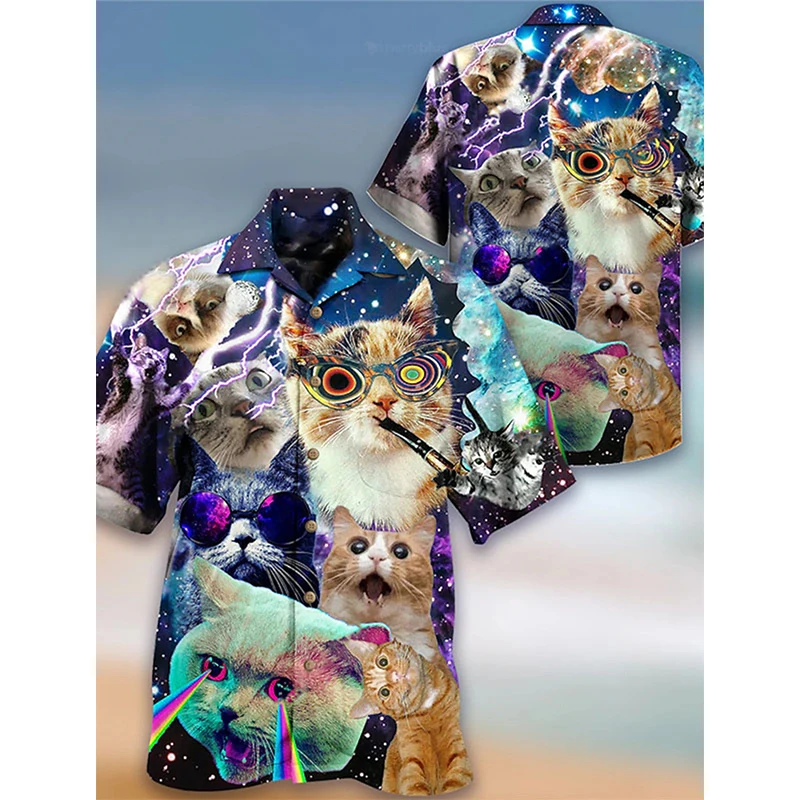 thumbnail image 1 of Camisa hawaiana de verano para hombre, con estampado completo de animales y gatos, camisetas playeras informales de manga corta con botones y cuello vuelto, 1 of 4