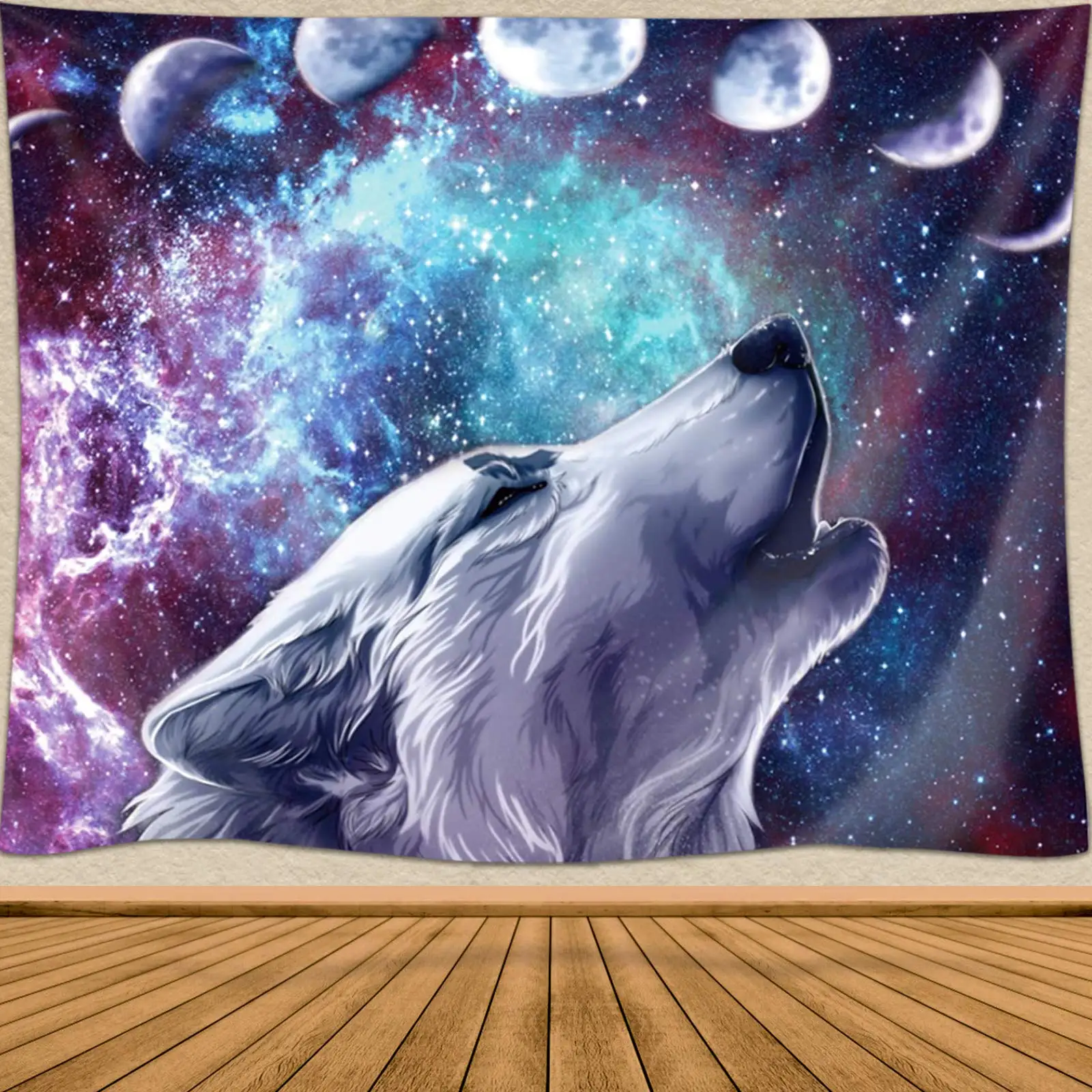 Wolf Moon Tapestry Galaxy Wolves In Starry Night Wall Hanging Wolf Wall Decor Space Moon Phase Arazzo Per Soggiorno Camera Da Letto