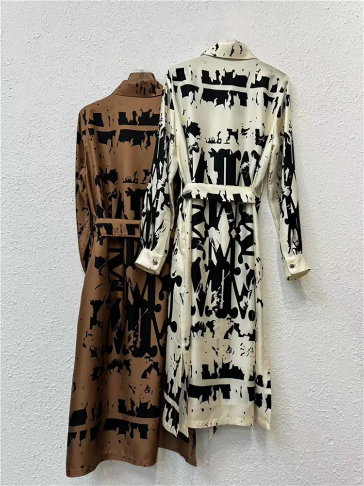 

Women Ink Printing Dyeing Midi Dress 100% Silk Turn-down Collar Long Sleeve Lace-up Covered Buttons Female Robe Spring 2024