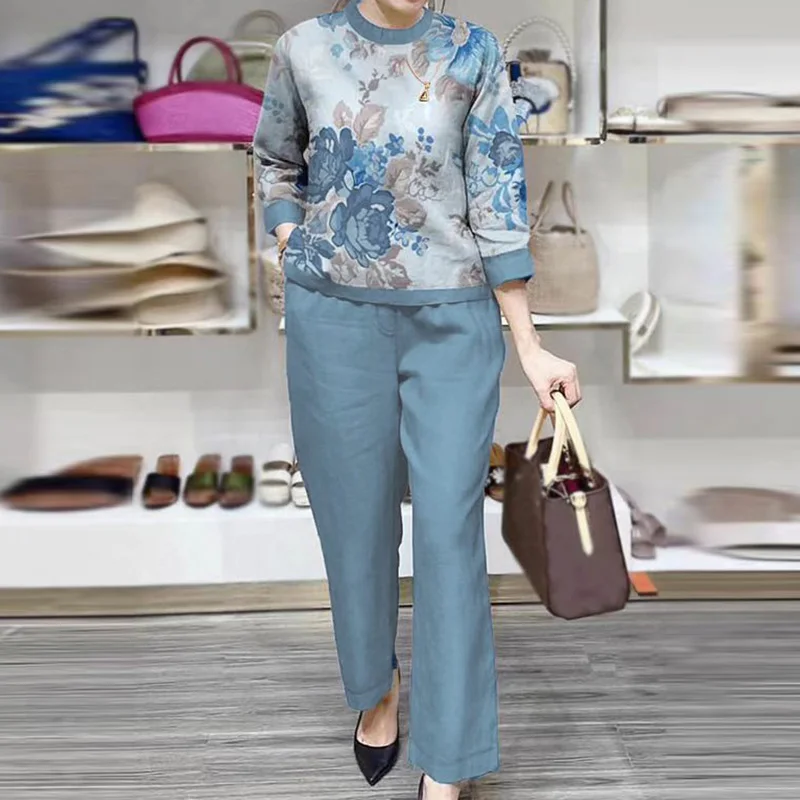 

Vintage Pattern Print Blouse Shirts and Long Pants Women Fashion O-Neck Pullover Two Piece Set Lady Summer Casual Loose Suits