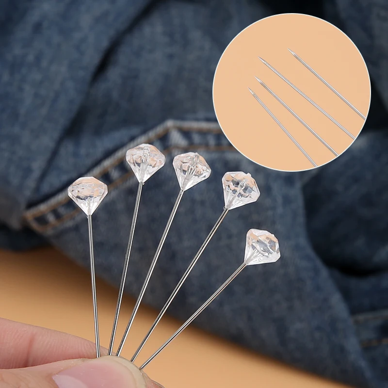Sewing Pins Alloy Pins Transparent Diamond Pin DIY Wedding Bouquet Pins Stitching Needles Plastic Box Sewing Accessories 1/2Box 50/100Pcs