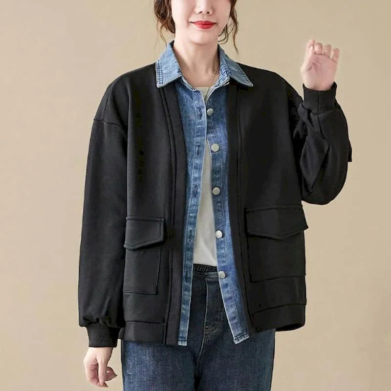 thumbnail image 1 of Chaquetas para mujer, estilo coreano, cuello alto holgado, mezclilla, retales, cárdigans, manga larga, falsos abrigos de dos piezas, blusas vintage para mujer, 1 of 5