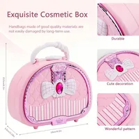 1set Colorful Girls' Pretend Makeup Toy Set - Pink and White Plastic Makeup Case with Mirror, Brushes, and Accessories. 4