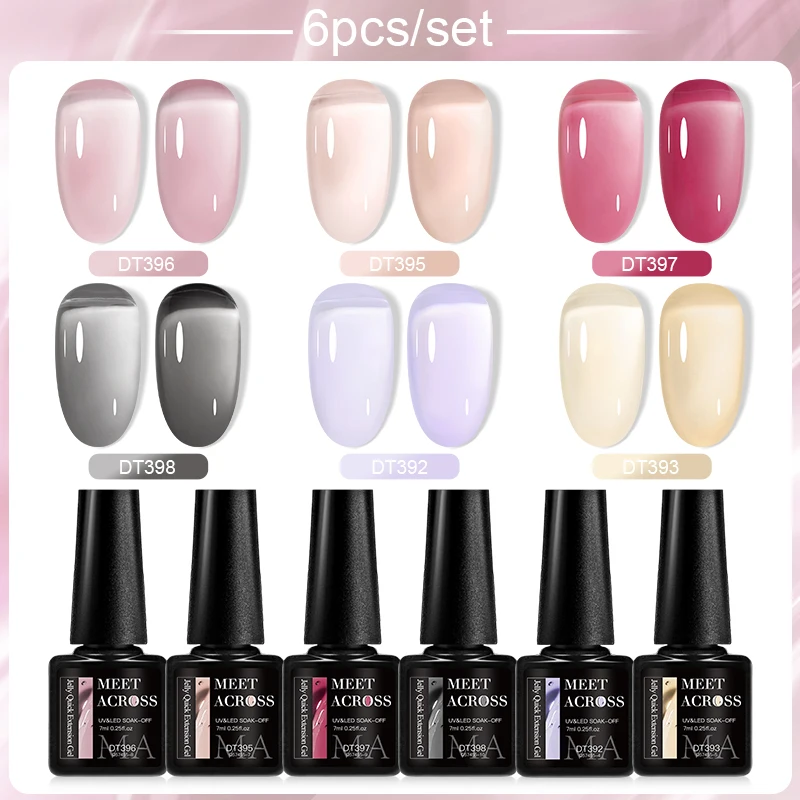 MEET ACROSS 6Pcs/Set Jelly Nude Pink Black Quick Extension Gel Nail Polish Transparent Finger Prolong Construction Nail Art Gel 2