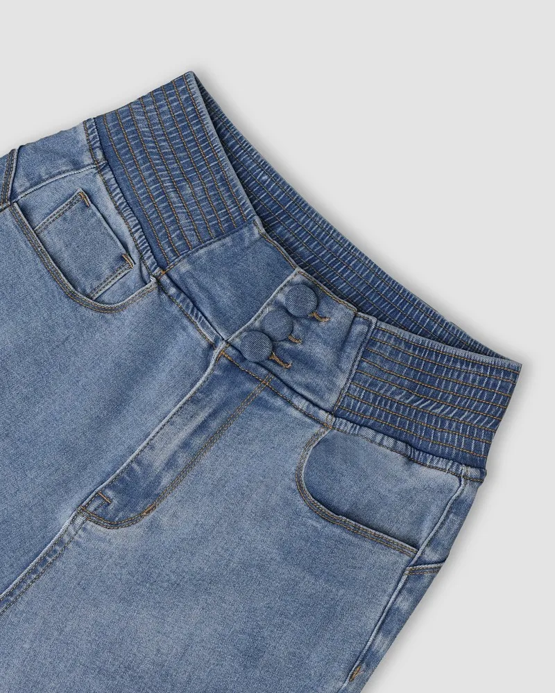 Spring Women Causal Jeans Back Shirred Button Front High Waist Jeans Denim Flare Pants