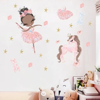 Fairy Princess Unicorn Wall Stickers for Kids Rooms Girls Cute Ballet Dancer Flower Star Wallpaper Nursery Baby Room Decoration 2