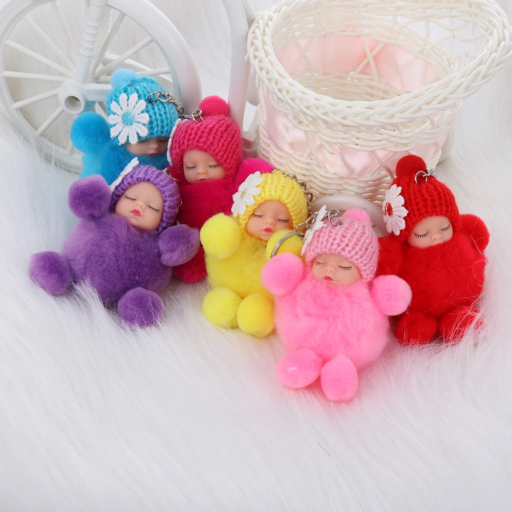 Cute Sleeping Baby Bowtie Fluffy Pompom Fur Plush Doll Keychain 1 Pcs
