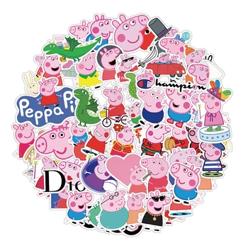 51pcs Peppa Pig Sticker Children's Cartoon Doodle Sticker Pen Box Water Bottle Refrigerator Bag Wall Decoration Small Gifts Toy